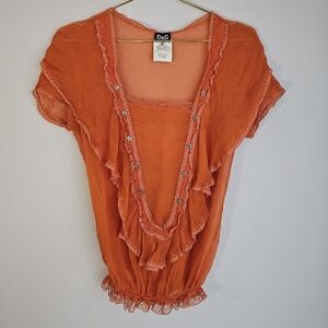 Vintage D&G Dolce & Gabbana Orange Silk Top Blouse Peasant Sheer 2000s Size 6 S